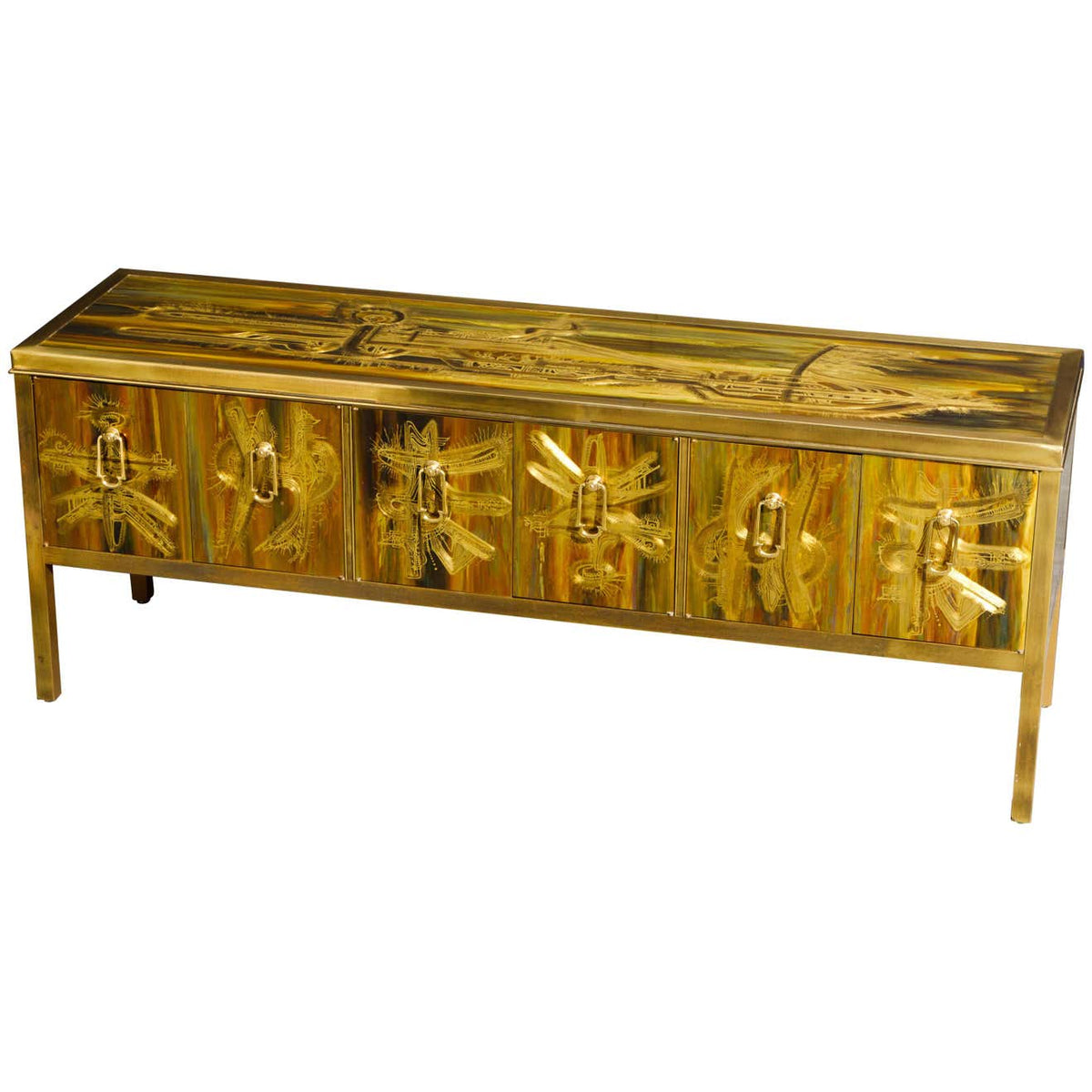 Bernhard Rohne for Mastercraft Acid Etched Brass Console Cabinet, 1970 ...
